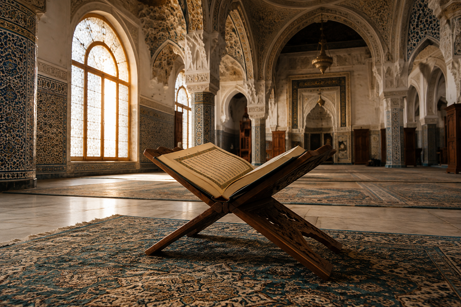 An open Quran resting on a carved wooden rehal, softly lit by natural light streaming through an arched window